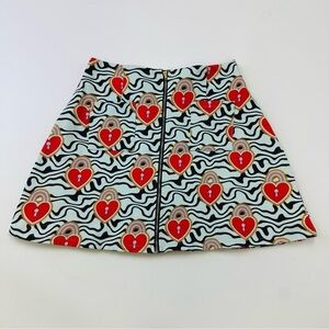 Hayley Elsaesser key heart skirt XS lined Aline zip front print twill mini mod